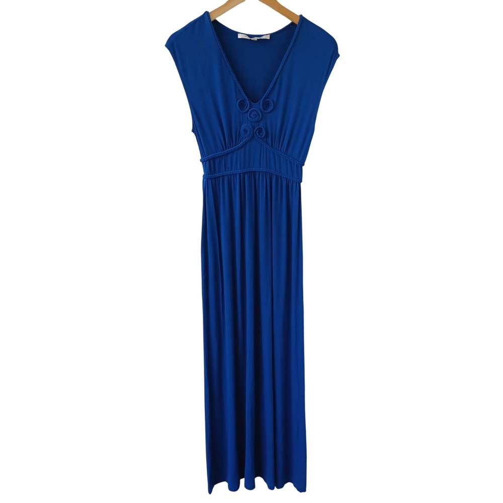 Max Studio Womens Royal Blue Braided Rosette Empire Waist V-Neck Maxi Dress M